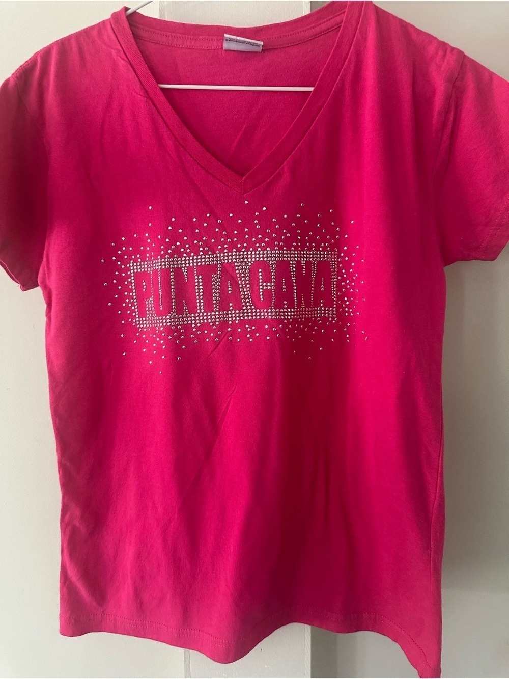 PUNTA CANA BRIGHT RED/PINK SHOER SLEEVED EMBELLISHED T-SHIRT SZ SMALL